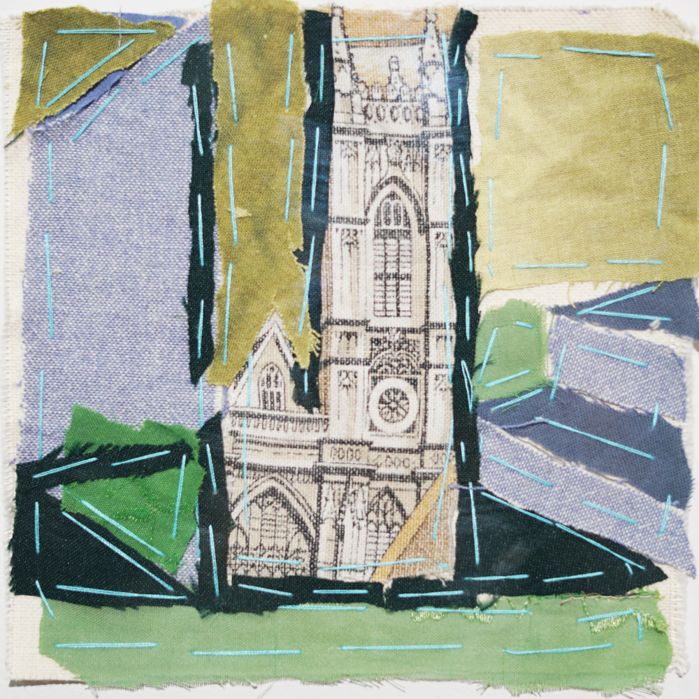 Cuadro collage textil enmarcado iglesia 01