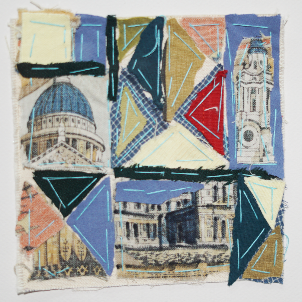 Cuadro collage textil enmarcado iglesia 03